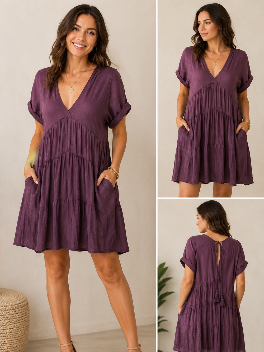 The Impeccable Pig Plum Babydoll Mini Dress Size Large Boho Flowy Tassel Back